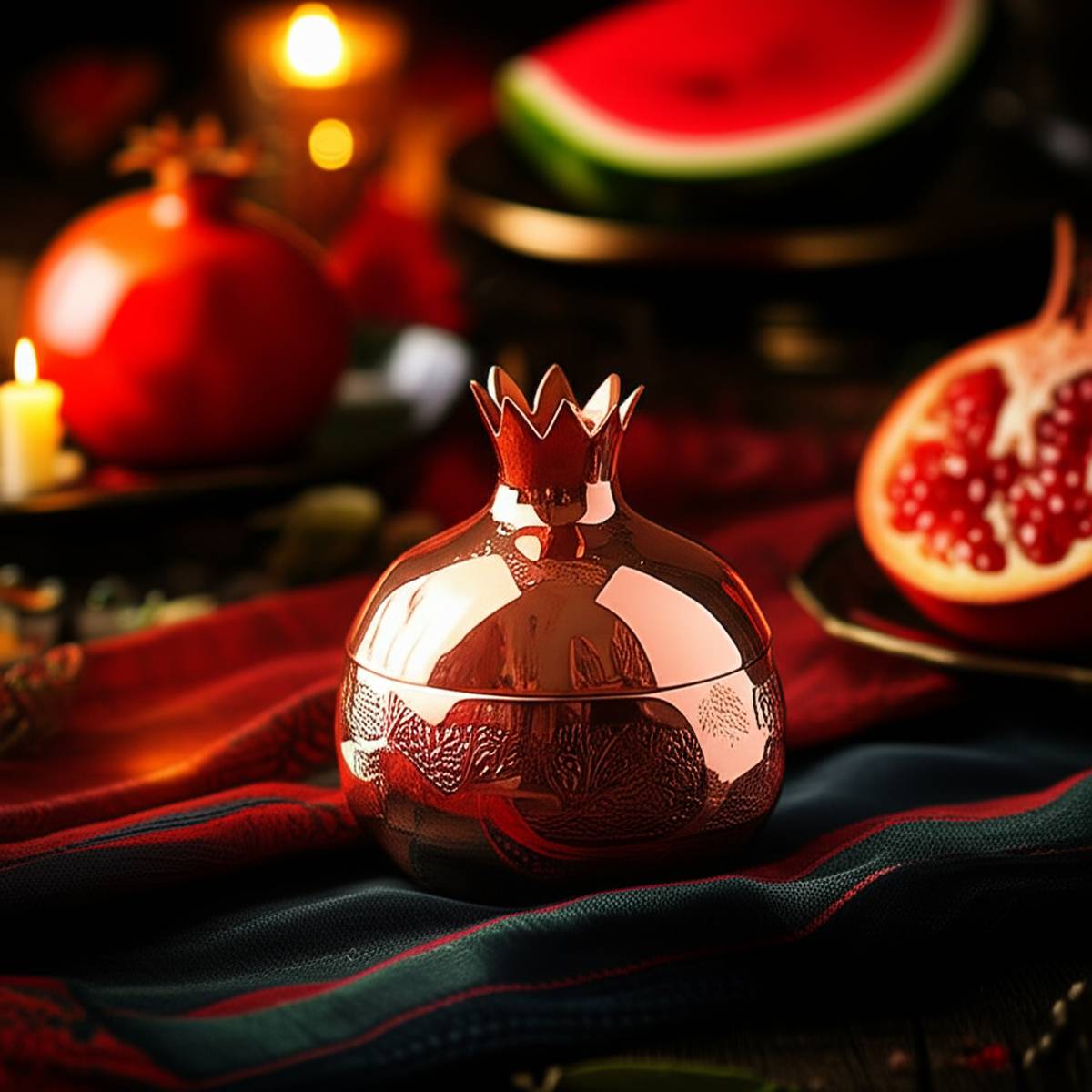 هدیه دادن قندان انار مسی در شب یلدا